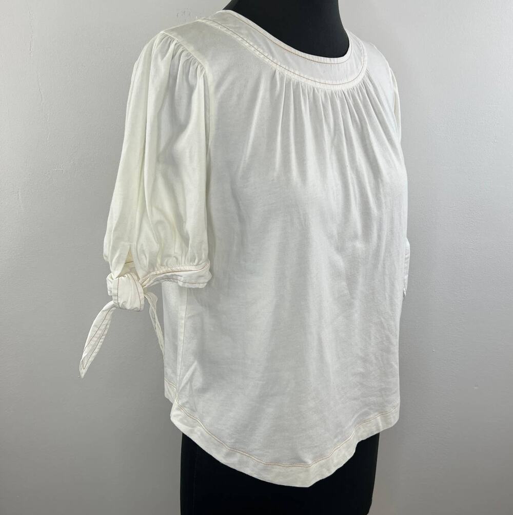ANTHROPOLOGIE White Short Puff Tie Sleeve Round Neck Rialto Stitch Top S Small